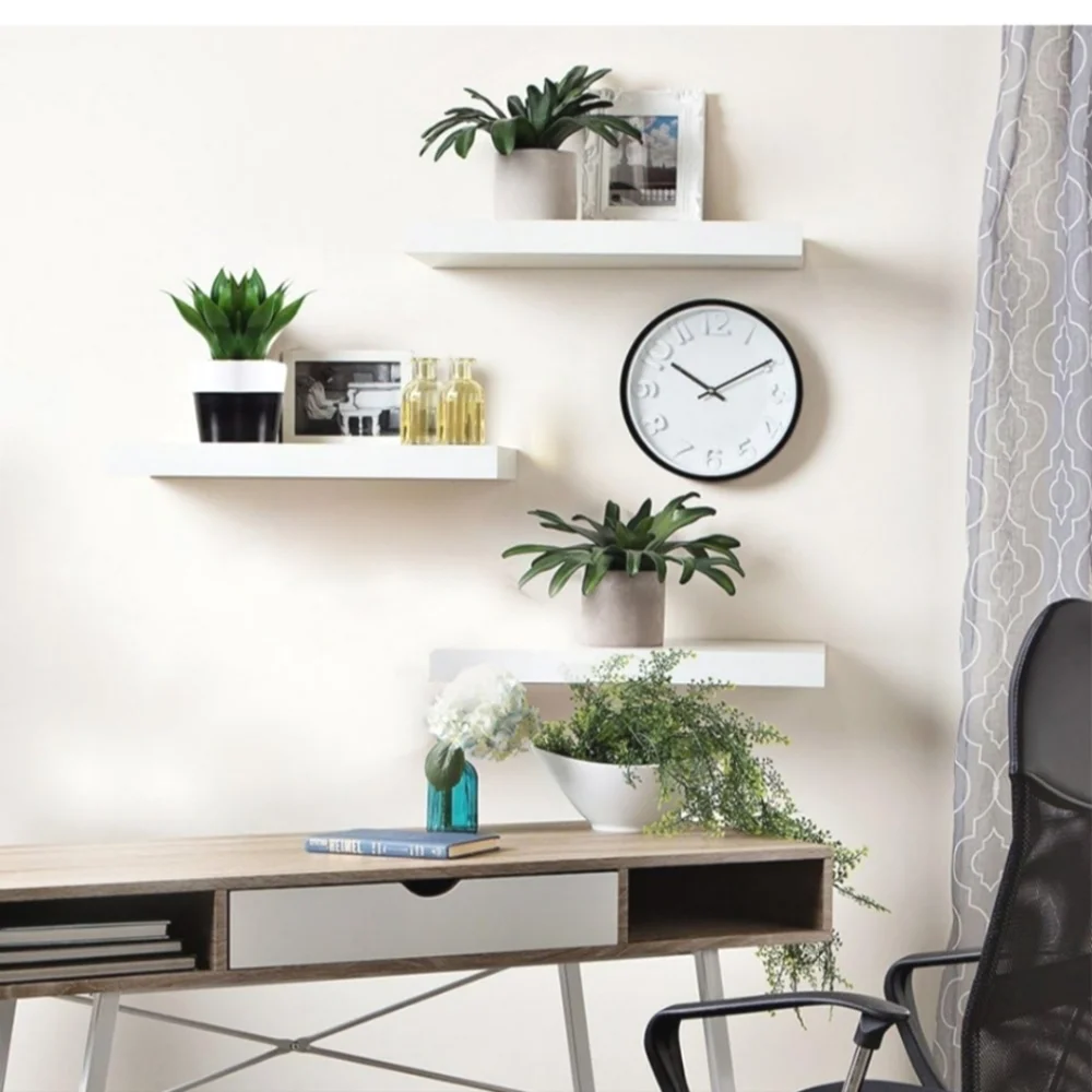 :Set of 3 Floating Shelves White Solid Wood Wall Shelves with Invisible Brackets
